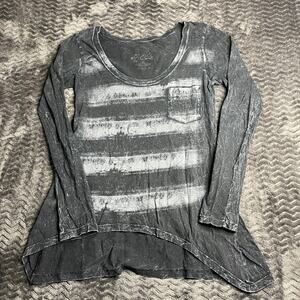 CQL Women Size M Black Pullover Striped Hi Low Stretch top